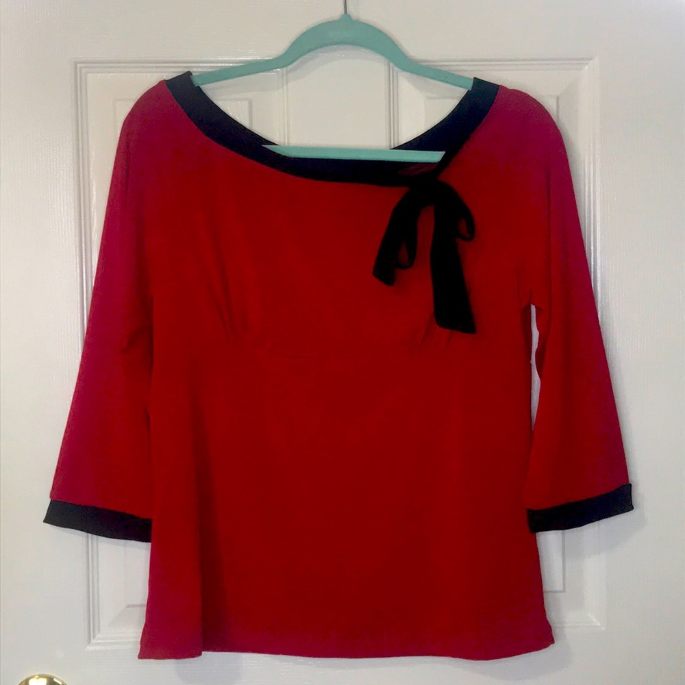 Fashion bug black red bow detail 3/4 sleeve shirt